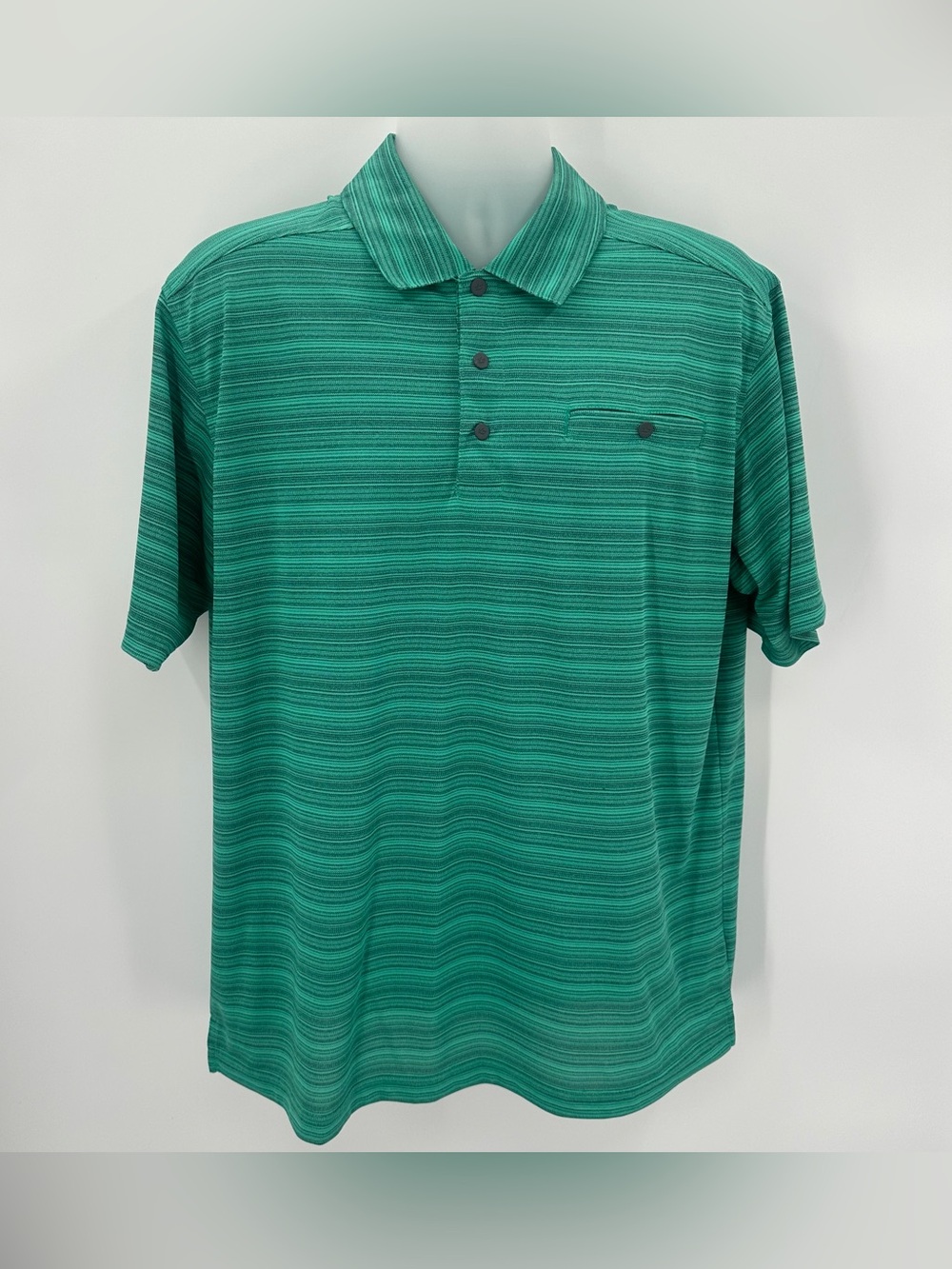 Bolle Golf Shirt Men’s L Green Stripe Polo Tech Short Sleeve Collar Snaps READ